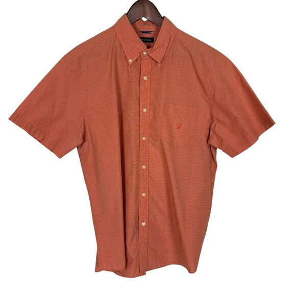 Nautica Orange Plaid Short Sleeve Button Down Shirt Men’s Large 100% Cotton - Picture 1 of 4